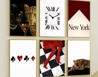 Leopard Wall Art Set of 6, Y2K Gallery Wall Set, Chic Girly Apartment Decor, Fashion Poster Set, Red Black Glam Prints, Luxury Wall Decor