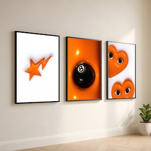 Orange Y2K Hypebeast Art Print Set of 3, 8 Ball Print, Hypebeast Gallery Wall Art Set, Trendy Apartment Decor, Dorm Room Wall Decor