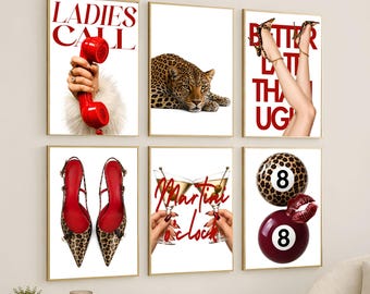 Red Leopard Gallery Wall Art Set – Chic Girly Glam Decor, Retro Y2K Fashion Posters, Luxury Apartment Wall Art, Trendy Editorial Prints
