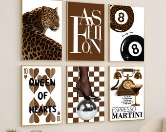 Brown Leopard Gallery Wall Art Set – Luxury Y2K Fashion Posters, Chic Apartment Decor, Trendy Glam Wall Decor, Lucky Poster, 8 Ball Wall Art