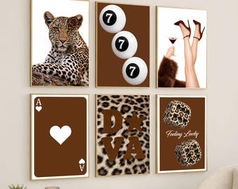 Leopard Chic Gallery Wall Art Set – Girly Fashion Aesthetic, Y2K Apartment Wall Decor, Trendy Leopard Poster Set, Brown Glam Poster Bundle