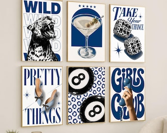 Navy Blue Gallery Wall Art Set – Luxury Y2K Fashion Posters, Chic Apartment Decor, Trendy Girly Glam Wall Decor, Lucky 8 Ball Girly Prints