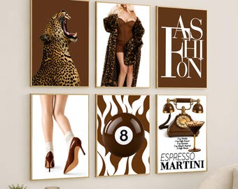 Brown Leopard Gallery Wall Art Set – Luxury Y2K Fashion Poster, Chic Apartment Decor, Trendy Neutral Glam Wall Decor, Espresso Martini Print