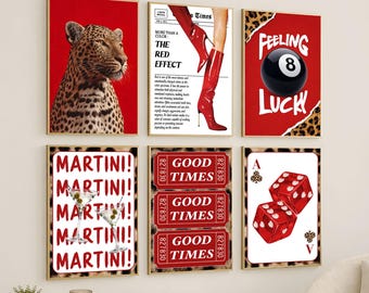 Trendy Leopard Gallery Wall Art Set – Girly Aesthetic Apartment Decor, Y2K Fashion Collage Prints, Chic Red Glam Posters, Dorm Room Decor