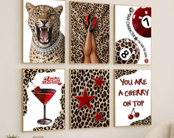 Chic Leopard Gallery Wall Art Set – Y2K Fashion Aesthetic, Girly Glam Apartment Decor, Modern Red Trendy Poster Set, Stylish Dorm Room Decor