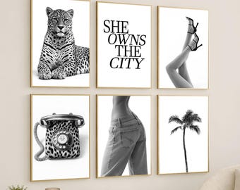 Leopard Stockholm Style Wall Art Set – Black and White Fashion Gallery, Y2K Apartment Decor, Girly Fashion Decor, Chic Aesthetic Prints