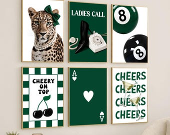 Emerald Green Leopard Wall Art Set of 6 – Trendy Y2K Fashion Posters, Chic Apartment Decor, Retro Glam Decor, Luxury Gallery Wall Prints