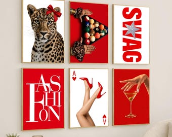 Red Leopard Girly Gallery Wall Art Set – Luxury Y2K Fashion Posters, Chic Apartment Decor, Trendy Glam Wall Decor, 8 Ball Girly Print