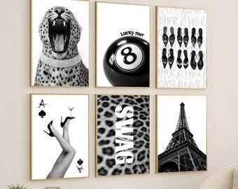 Black and White Leopard Gallery Wall Art Set – Y2K Apartment Decor, Chic Fashion Aesthetic, Girly Dorm Room Decor, Glam Luxury Prints