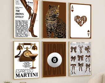 Vintage Leopard Editorial Gallery Wall Art Set of 6 – Chic Fashion Aesthetic, Stylish Y2K Apartment Decor, Luxury Brown Collage Prints