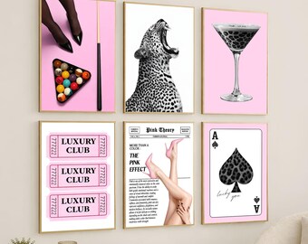 Pink Gallery Wall Art Set of 6 – Leopard Wall Art Set, Y2K Gallery Art Set, Retro 8 Ball Print, Luxury Fashion Poster, Playing Card Poster