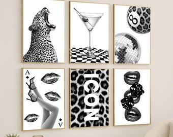 Leopard Gallery Wall Art Set of 6 – Y2K Fashion Aesthetic Style, Chic Apartment Decor, Girly Black and White Prints, Glam Luxury Wall Decor