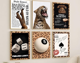 Retro Leopard Wall Art Set of 6 – Lucky 8 Ball Print, Leopard Poster, Y2K Apartment Decor, Ace Of Spades Print, Martini Poster, Trendy Print