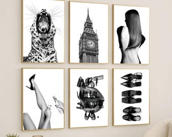 Stockholm Style Leopard Gallery Wall Art Set – Luxury Y2K Fashion Poster, Black and White Wall Art, Chic Apartment Decor, Trendy Girly Decor