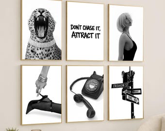 Stockholm Style Gallery Wall Art Set of 6 – Retro Leopard Poster, Y2K Magazine Style Prints, Chic Apartment Decor, Black White Wall Art