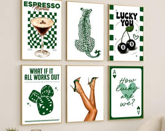 Emerald Green Gallery Wall Art Set – Retro Leopard Glam Print, Trendy Y2K Fashion Posters, Chic Apartment Decor, Luxury Girly Wall Decor