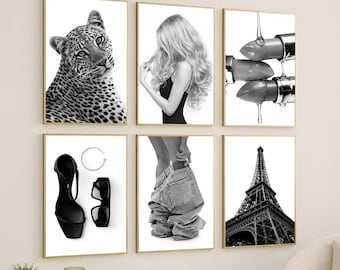 Leopard Stockholm Style Wall Art Set – Black and White Fashion Gallery, Y2K Apartment Decor, Chic Girly Aesthetic, Trendy Magazine Style