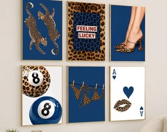Navy Blue Leopard Gallery Wall Art Set – Retro Y2K Fashion Posters, Chic Apartment Decor, Luxury Girly Wall Art, Trendy Glam Prints