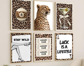 Retro Leopard Gallery Wall Art Set – Luxury Y2K Fashion Posters, Chic Apartment Decor, Trendy Girly Glam Wall Decor, Lucky 8 Ball Girl Print