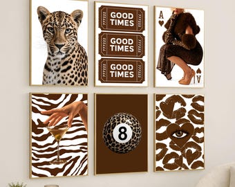 Brown Leopard Gallery Wall Art Set – Luxury Y2K Fashion Posters, Chic Apartment Decor, Trendy Girly Glam Wall Decor, Retro 8 Ball Print