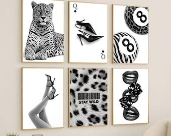 Black and White Leopard Gallery Wall Art – Y2K Fashion Aesthetic Style, Chic Apartment Decor, Glam Luxury Style, Girly Aesthetic Decor