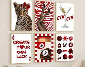 Red Leopard Gallery Wall Art Set – Luxury Y2K Fashion Posters, Chic Apartment Decor, Trendy Girly Glam Wall Decor, Lucky Girl Prints