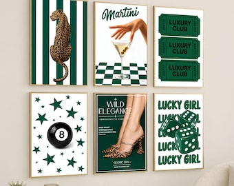 Emerald Green Gallery Wall Art Set – Retro Leopard Prints, Luxury Y2K Fashion Posters, Chic Apartment Decor, Trendy Girly Wall Decor