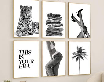 Black and White Stockholm Style Wall Art Set – Y2K Fashion Prints, Girly Aesthetic, Chic Apartment Decor, Leopard Print, Luxury Gallery Wall