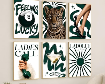 Emerald Green Gallery Wall Art Set – Luxury Y2K Fashion Posters, Chic Apartment Decor, Retro Leopard Wall Art, Trendy Girly Glam Decor