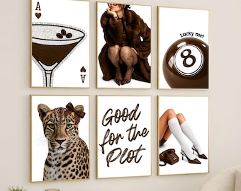 Leopard Chic Gallery Wall Art Set of 6 – Brown Girly Aesthetic, Y2K Apartment Decor, Fashion Editorial Style, Trendy Neutral Poster Set