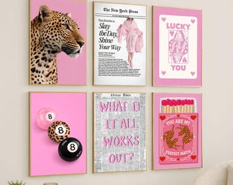 Pink Leopard Wall Art Set of 6 - Y2K Apartment Decor, Leopard Poster, Lucky 8 Ball Print, Ace of Spades Poster, Girly Wall Art Set