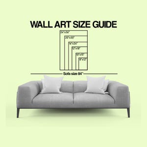 May include: A wall art size guide with dimensions in inches, including 24x36, 20x30, 16x24, 12x18, 10x15, and 8x12. The guide is displayed above a gray sofa, with the text "Sofa size 84" below the guide.