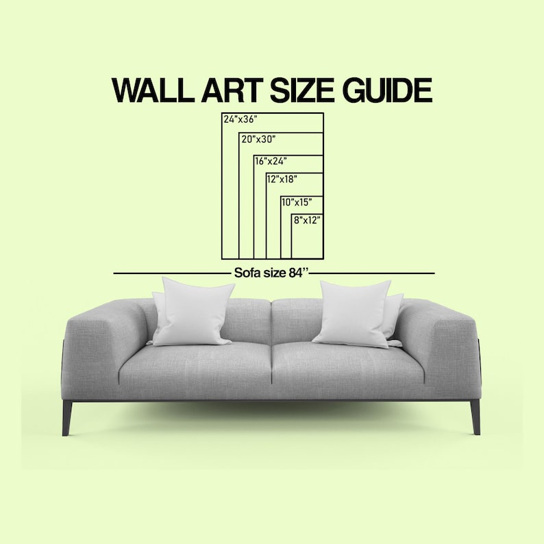 May include: A wall art size guide with dimensions in inches, including 24x36, 20x30, 16x24, 12x18, 10x15, and 8x12. The guide is displayed above a gray sofa, with the text "Sofa size 84" below the guide.
