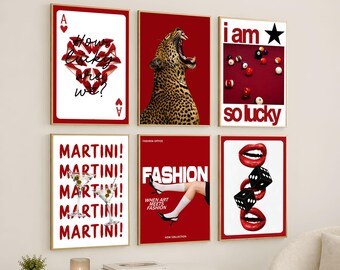 Red Leopard Y2K Gallery Wall Art Set – Girly Retro Glam Prints, Fashion Editorial Aesthetic, Chic Apartment Decor, Trendy Red Poster Bundle