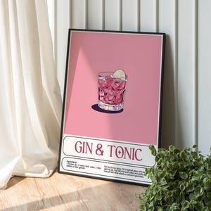 Gin and Tonic Poster, Cocktail Recipe Print, Retro Kitchen Bar Cart Poster, Vintage Drink Decor, Home Bar Cocktail Print, Digital Download