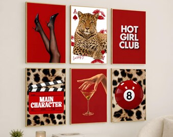 Glam Leopard Red Gallery Wall Art Set – Girly Fashion Aesthetic, Chic Apartment Decor, Y2K Leopard Posters Bundle, Trendy Dorm Room Prints