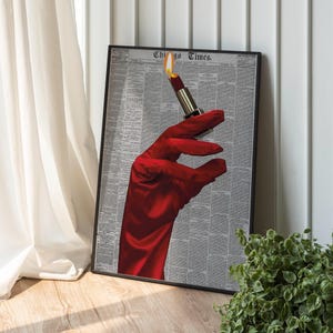 Plakat do gazety retro, modny nadruk w gazecie, projekt czerwonej rękawiczki, nagłówek gazety retro, estetyka okładki magazynu, pobieranie cyfrowe