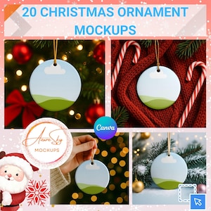 Op de afbeelding: Een afbeelding met 20 kerstornament-mockups. De ronde ornamenten hebben een lucht- en landschapsontwerp. De tekst "20 CHRISTMAS ORNAMENT MOCKUPS" staat bovenaan. De afbeelding bevat een kerstman-afbeelding en het logo "Azure Sky Mockups".