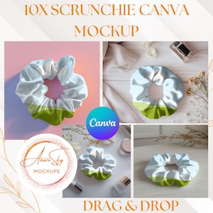 May include: A mockup image displaying 10 different ways to style a light blue and green scrunchie. The scrunchie is shown against a variety of backgrounds, including a pink surface, a wooden surface, and a white surface. The text "DRAG & DROP" is at the bottom of the image.