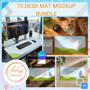 以下が含まれることがあります： 10個のデスクマットモックアップのバンドル。マットは、緑の丘、青い空、白い雲のある風景など、さまざまなデザインを特徴としています。画像には、コンピューターのセットアップと猫が含まれています。