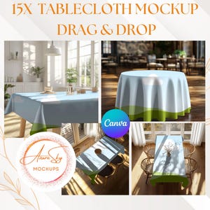 May include: Four different mockups of a light blue tablecloth with a green grass border and a white cloud design. The tablecloth is shown on a round table, a rectangular table, and two square tables. The text "Canva" is visible in the image.