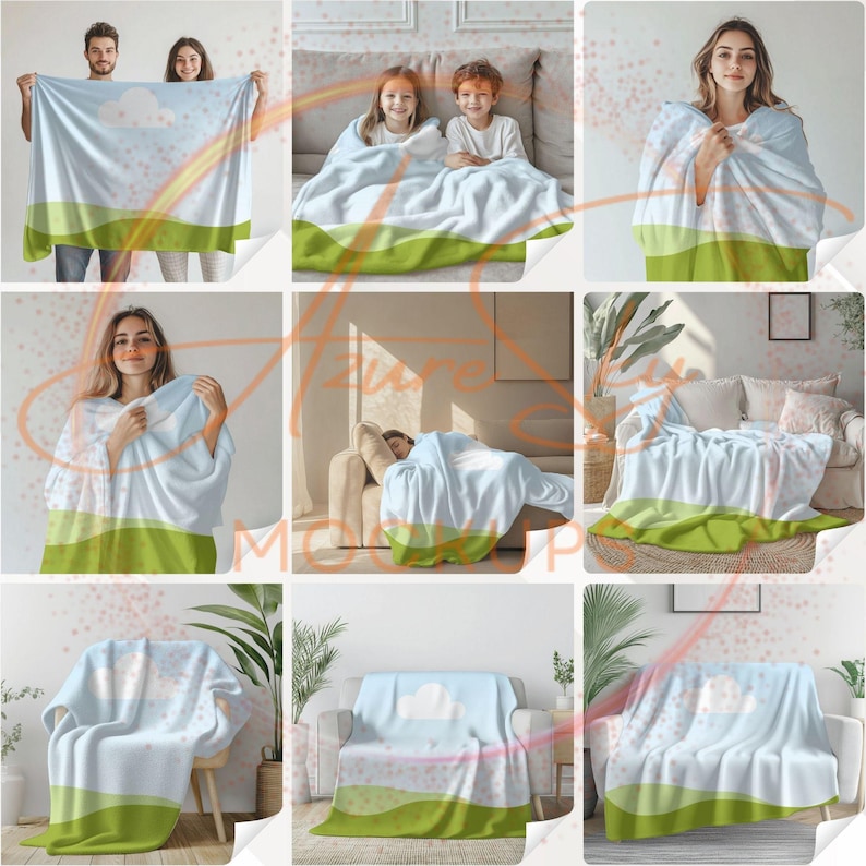 May include: A soft, plush throw blanket with a light blue background, a white cloud, and a green field with pink flowers. The blanket is shown in various settings, including on a couch, bed, and chair.