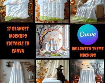 Halloween Blanket Mockup for Canva - Editable Cozy Spooky Templates (Digital Download)