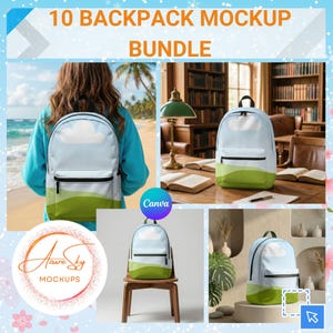 Può includere: Un pacchetto di mockup di zaini. Gli zaini presentano un design con cielo blu, nuvola bianca e paesaggio verde. Il testo "10 BACKPACK MOCKUP BUNDLE" è in alto. È visibile anche il logo Azure Sky Mockups.
