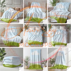 May include: A set of nine mockups showcasing a soft, plush throw blanket with a light blue and green color scheme. The blanket is shown draped over furniture, folded on a table, and hanging from a curtain rod. The blanket features a subtle cloud design and a green border.