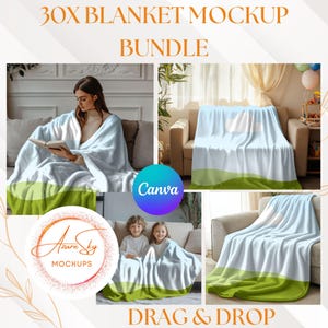 以下が含まれることがあります： 白い雲のデザインと緑色の下部境界線が付いた薄い青色の毛布の30個の毛布モックアップのバンドル。モックアップは、本を読んでいる女性やソファに座っている2人の子供など、さまざまな設定でソファに毛布を置いた様子を示しています。画像の下部には「DRAG＆DROP」というテキストがあります。