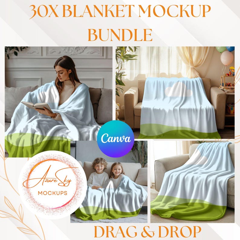 May include: A bundle of 30 blanket mockups featuring a light blue blanket with a white cloud design and a green bottom border. The mockups show the blanket on a couch in different settings, including a woman reading a book and two children sitting on the couch. The text "DRAG & DROP" is at the bottom of the image.