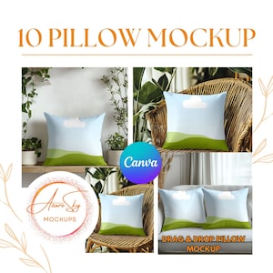 May include: Ten pillow mockups featuring a light blue pillow with a white cloud and green grass design. The pillows are displayed on a variety of surfaces, including a wicker chair, a wooden shelf, and a couch. The text "DRAG & DROP PILLOW MOCKUP" is displayed at the bottom of the image.