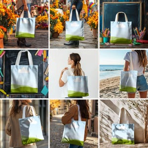May include: A set of nine tote bags featuring a simple design with a white cloud and a green field on a light blue background. The bags are shown in various settings, including a beach, a classroom, and a city street.