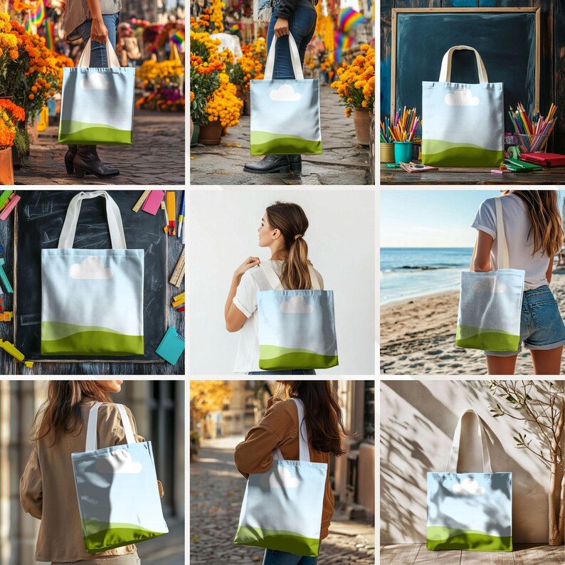 May include: A set of nine tote bags featuring a simple design with a white cloud and a green field on a light blue background. The bags are shown in various settings, including a beach, a classroom, and a city street.